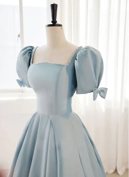 A-line Blue Satin Short Sleevs Long Formal Dress